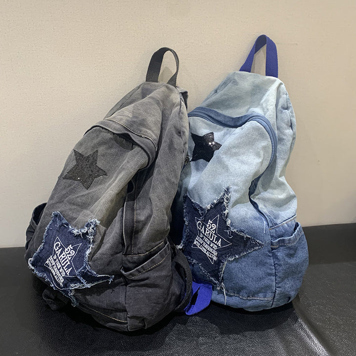 Denim Star Appliqué Casual School Backpack Bowlift