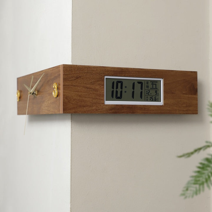 Corner-Mount Dual-Display Wooden Wall Clock with Analog Hands and LCD Panel Bowlift