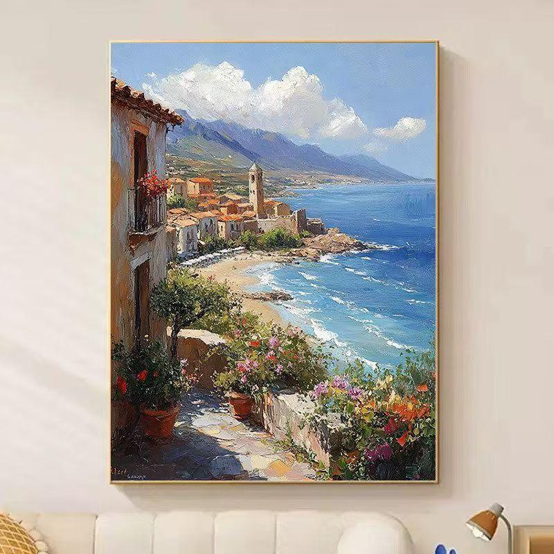 Coastal Village Scenic Painting Canvas Wall Art Bowlift