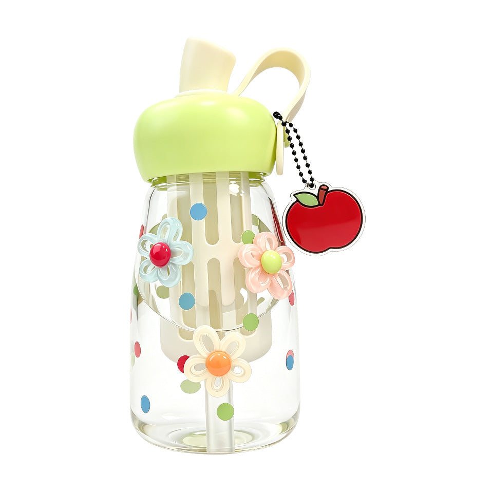 Women's water bottle with integrated fruit filter and practical carrying handle Bowlift