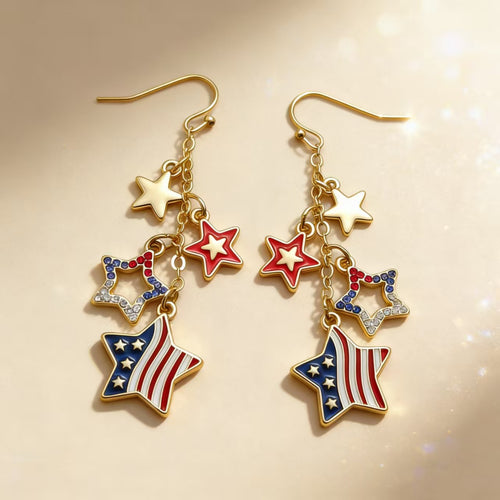 Women multi-strand star drop earrings with enamel stars, crystal accents and gold-plated surface Bowlift