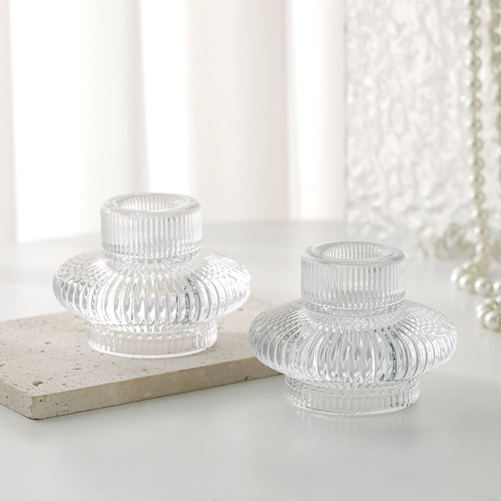Ribbed Textured Glass Tealight Candle Holder with Flared Collar Bowlift