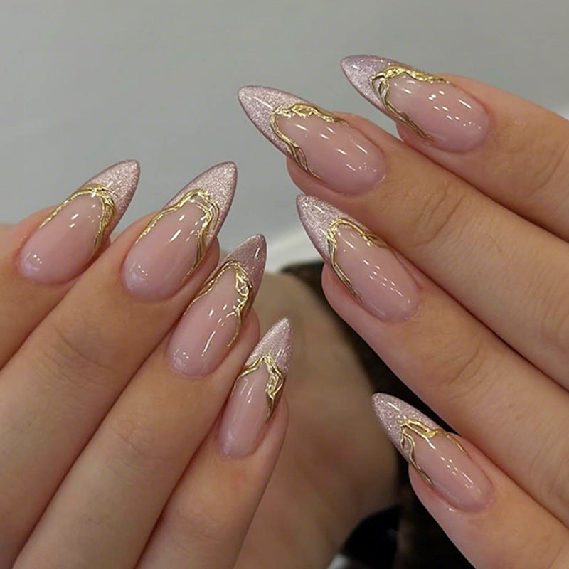 Elegant Press-On Nail Set with Gold Accent Design Bowlift