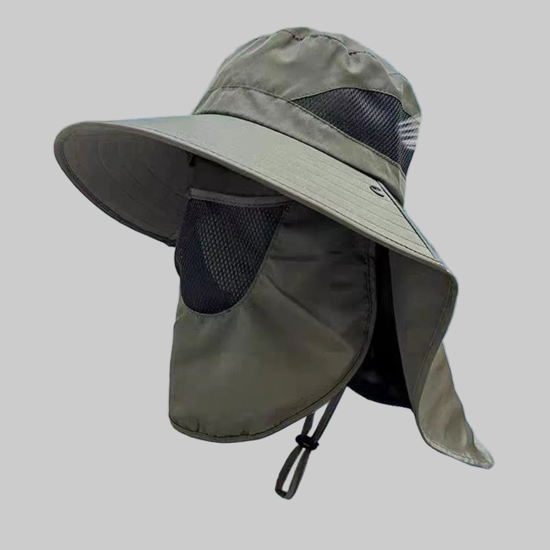 Non-ventilated sun hat with removable fan, neck protection, and adjustable chin strap Bowlift