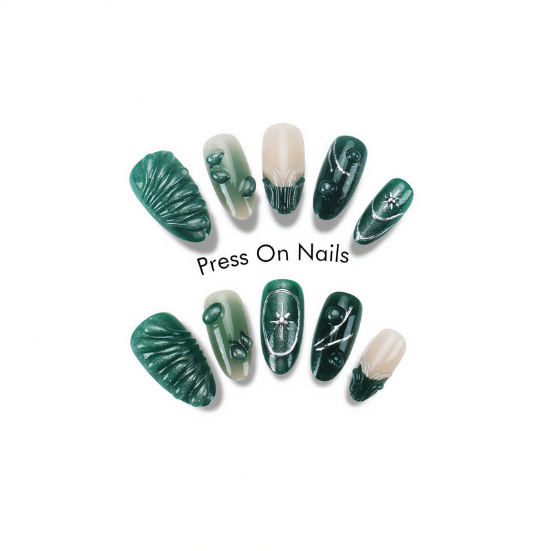 Artistic Press-On Nail Set with Botanical Textures Bowlift