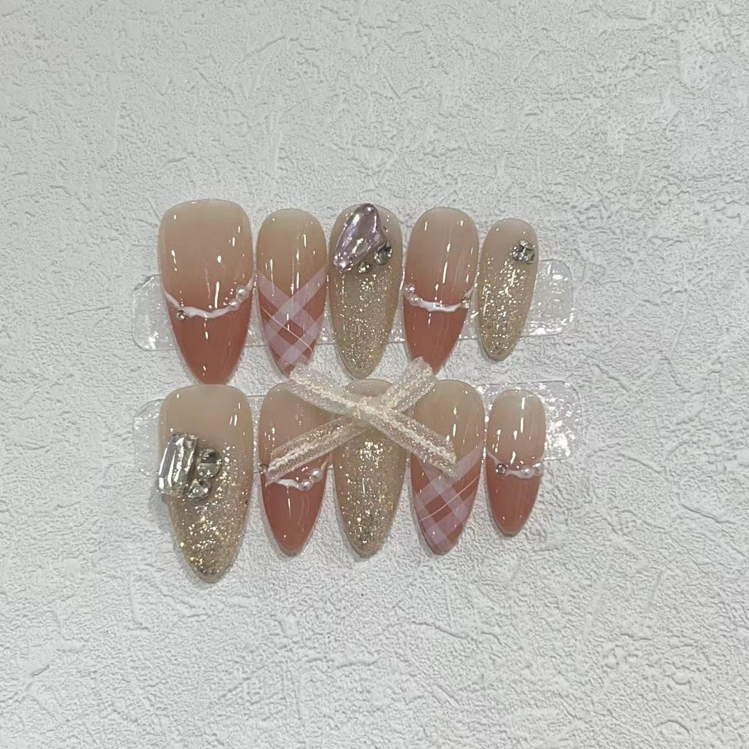 Decorative Stiletto Press-On Nail Art Set with Rhinestone and Glitter Accents Bowlift