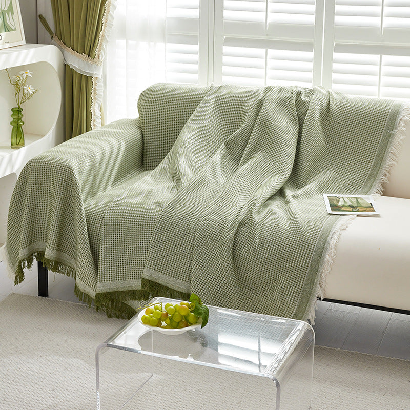 Waffle Weave Cotton-Linen Fringe Sofa Throw Blanket Bowlift