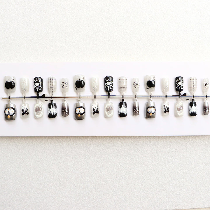 Artistic Black and White Press-On Nail Art Bowlift