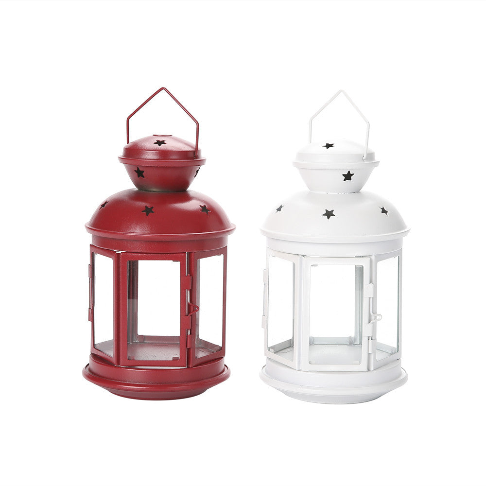Vintage-Inspired Cylindrical Metal Tea Light Lantern with Star Vent Cutouts and Hinged Glass Door Bowlift