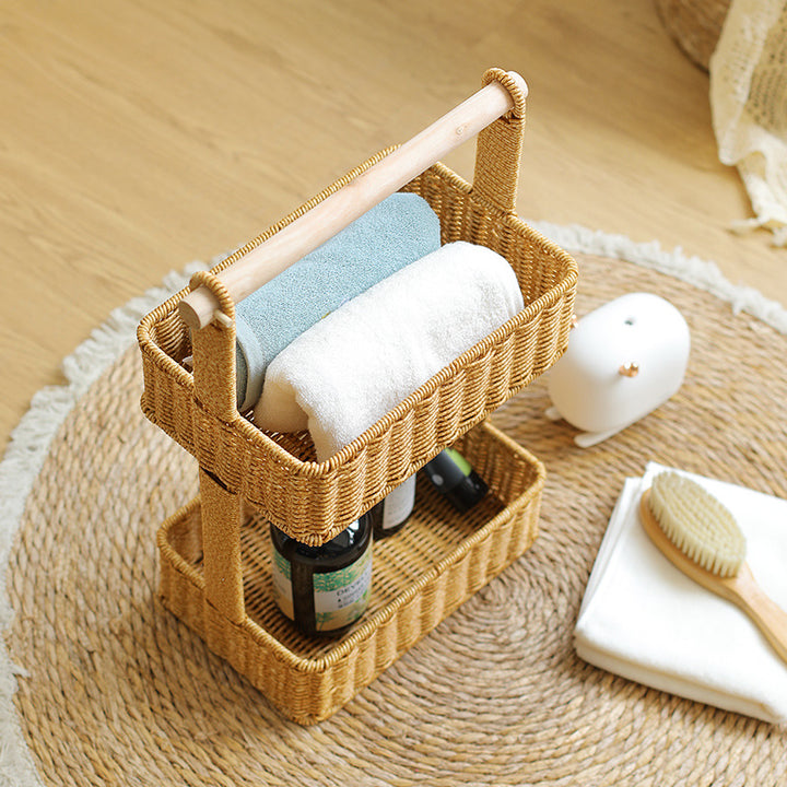 Unisex Two-Tier Storage Basket with Wooden Handle Bowlift