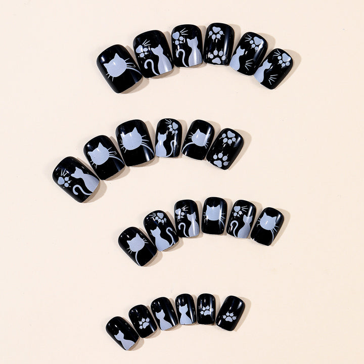 Whimsical Cat-Themed Press-On Nail Art Bowlift