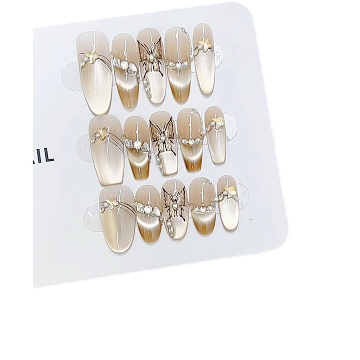 Artistic Butterfly and Pearl-Embellished Press-On Nail Set Bowlift