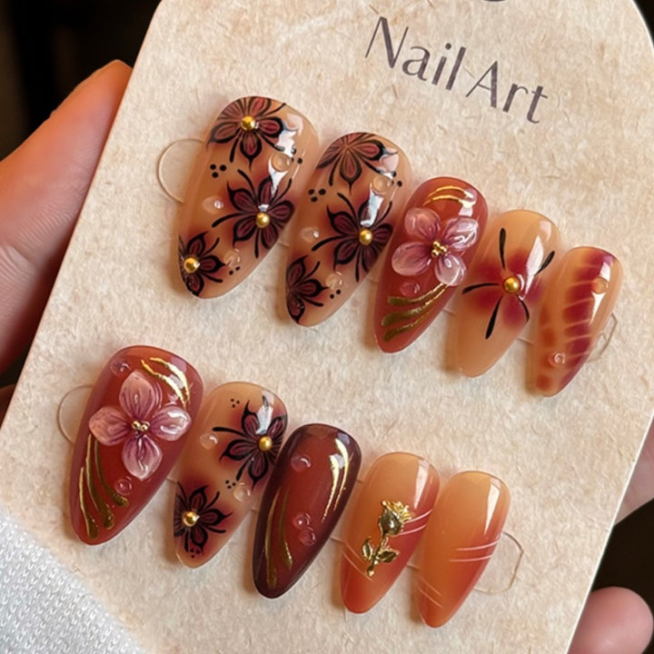 Artistic Floral and Gold Accent Press-On Nails Bowlift