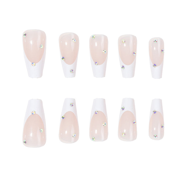 Elegant Iconic French Tip Press-On Nails with Rhinestone Accents Bowlift