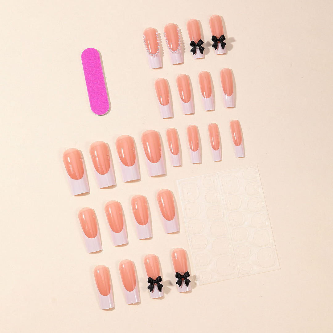 Elegant Press-On Nail Art Set with Pearl and Bow Accents Bowlift