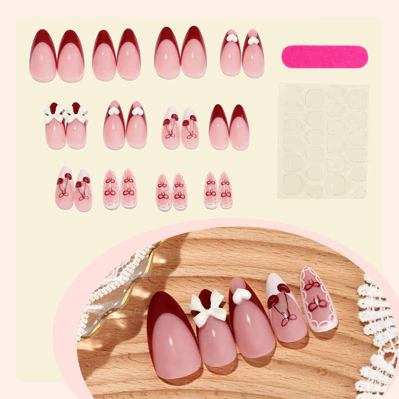 Decorative Press-On Nail Art Set with 3D Bow and Cherry Designs Bowlift
