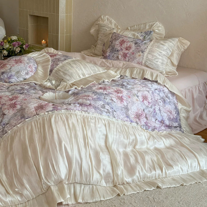 Floral Satin-Ruffled Duvet Cover & Decorative Sham Set