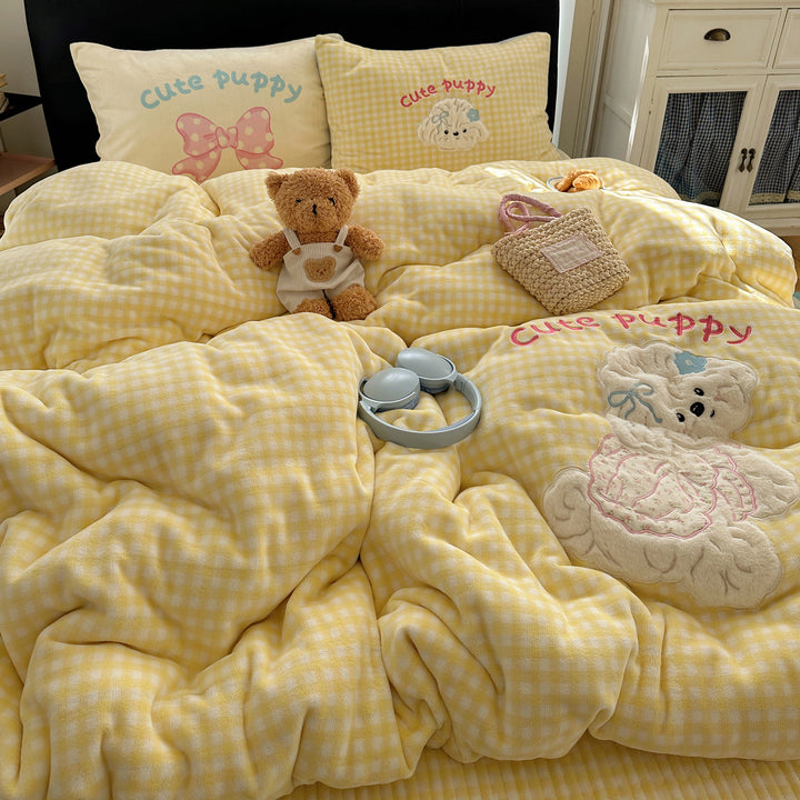 Plush Gingham Quilted Duvet Comforter with Embroidered Puppy Appliqué