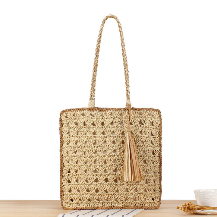 Trendy Braided Beach Bag with Tassels and Sturdy Design Bowlift