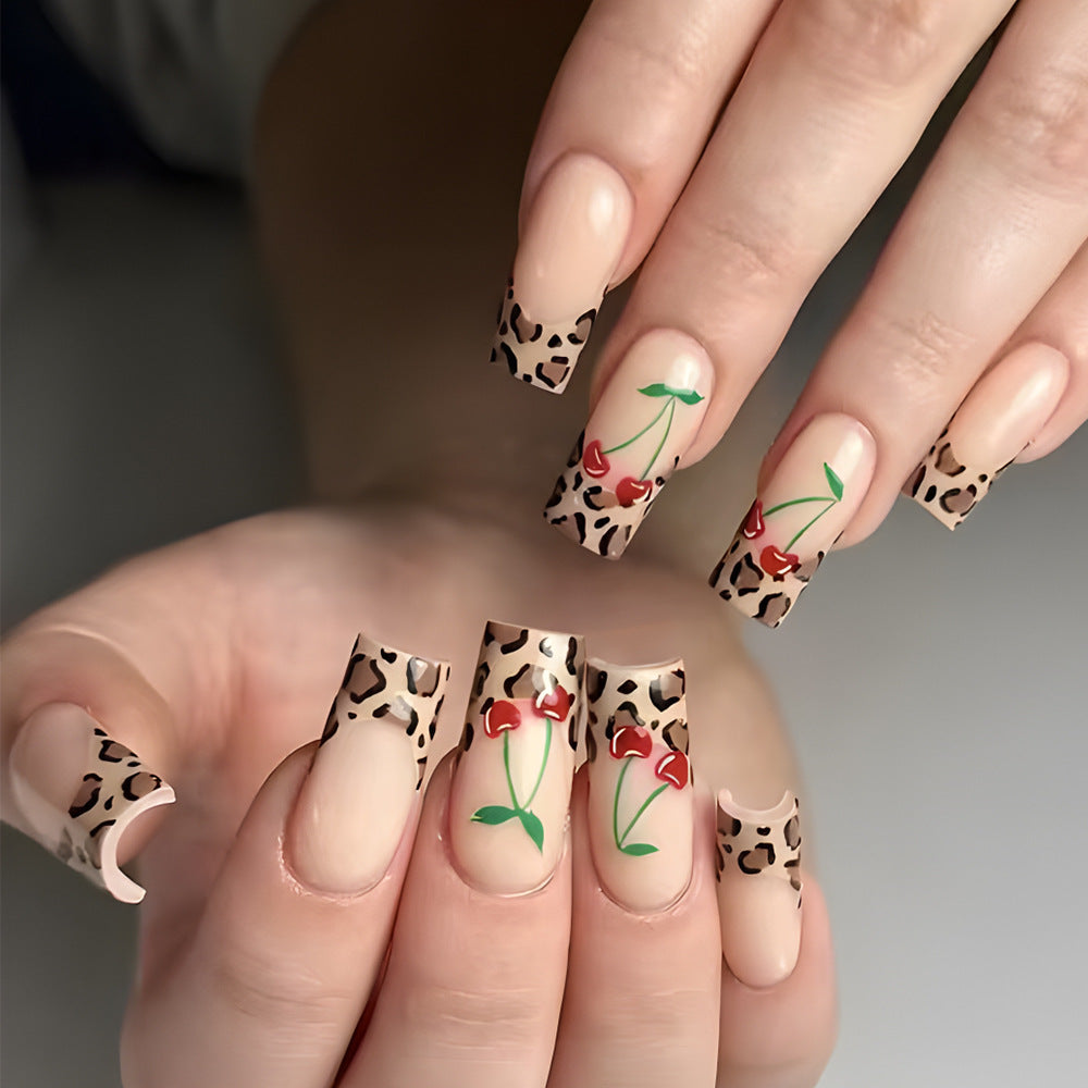 Artistic Leopard Print and Cherry Floral Press-On Nails Bowlift