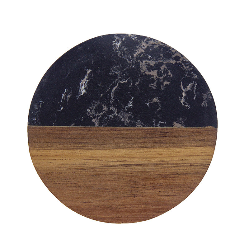 Marble pattern and acacia wood serving coaster board with rounded corners Bowlift