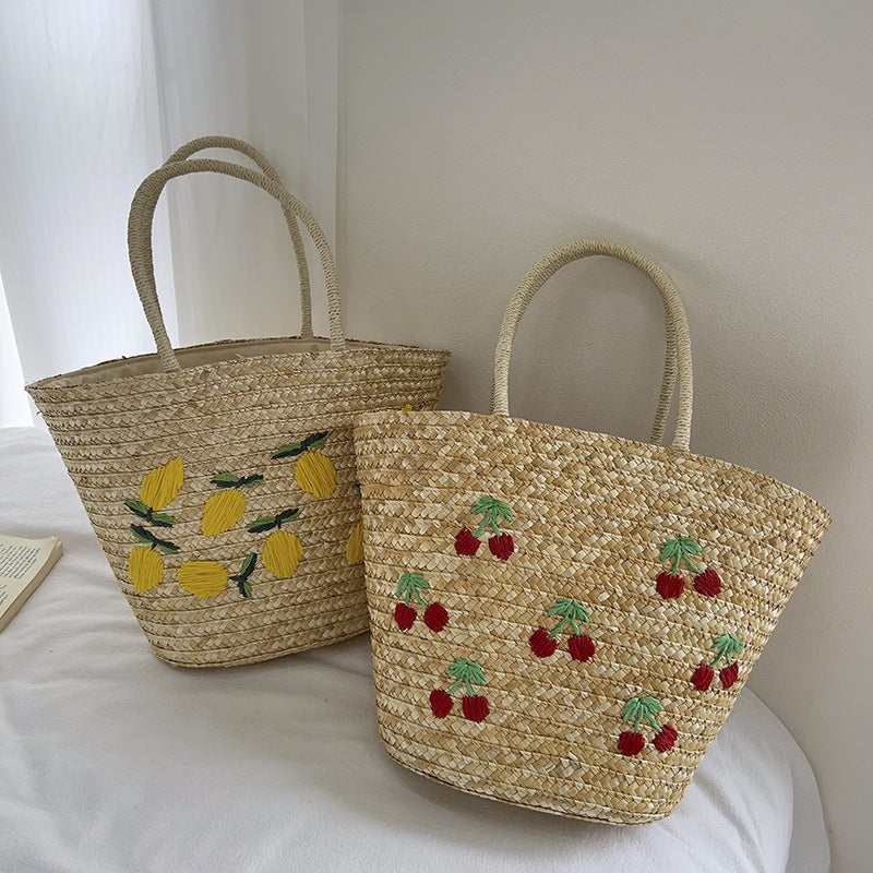 Handmade straw bag with colorful lemon motif Bowlift