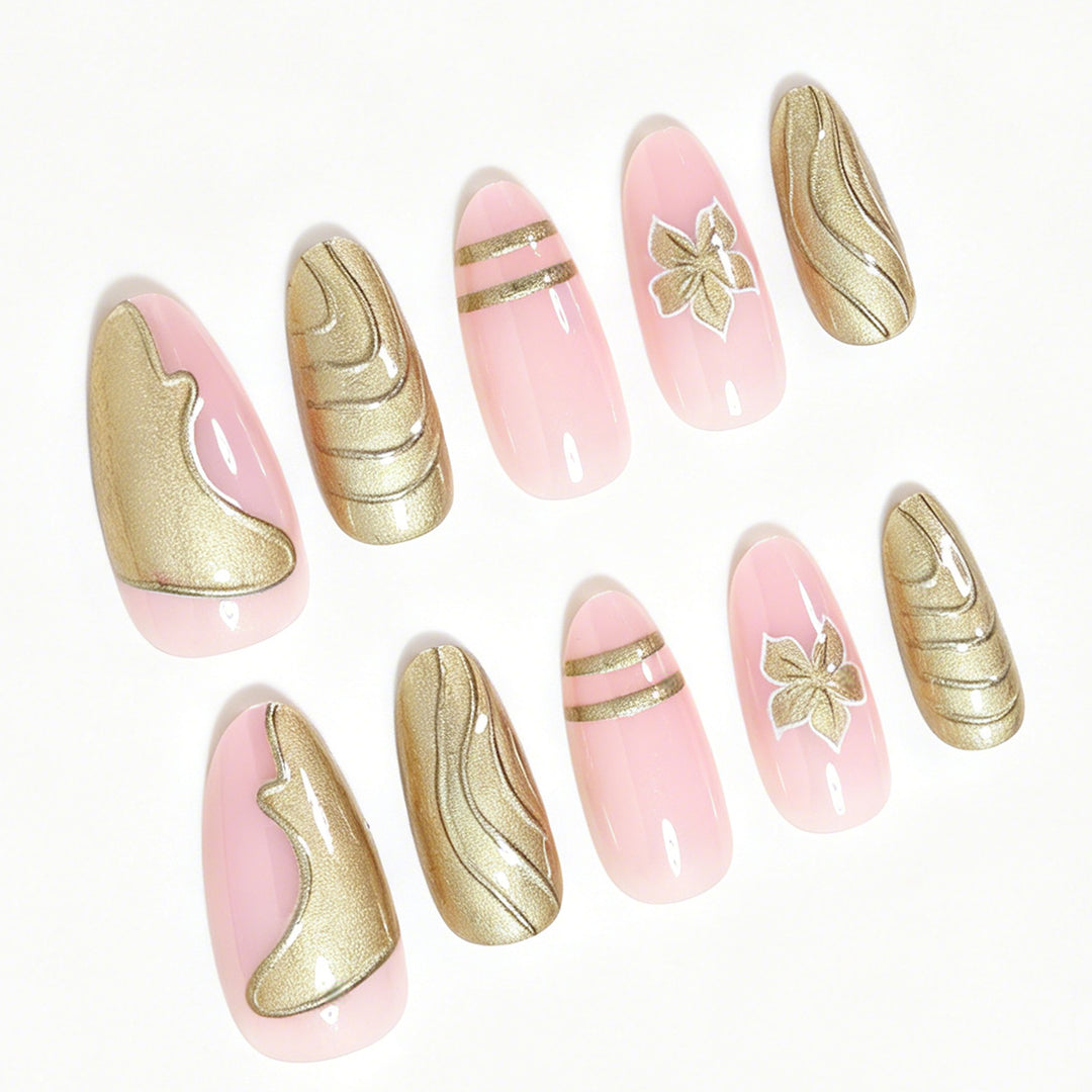 Elegant Metallic Floral Accent Press-On Nails Bowlift