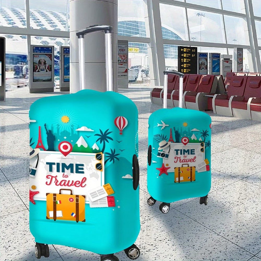 Unisex nan elastic motive suitcase protection in retro travel poster design with zipper and anti-slip attachment for spinner trolleys Bowlift