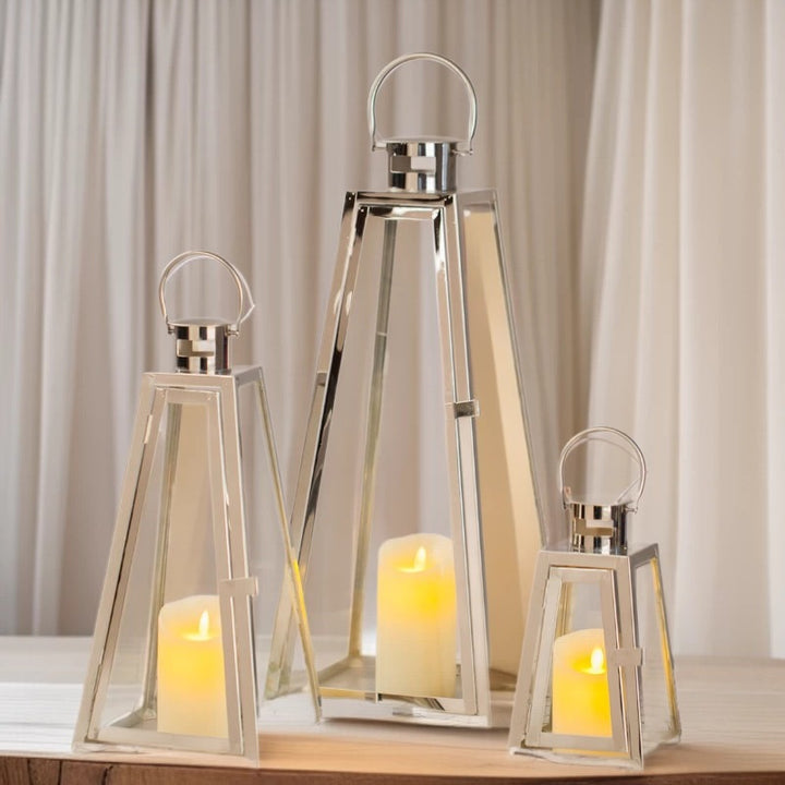 Modern Triangular Glass Candle Lantern Set with Gold Metal Frame Bowlift