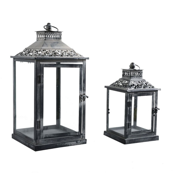 Ornate Distressed Wooden and Metal Glass-Paneled Decorative Lantern Bowlift