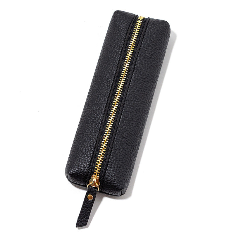 Genuine Pebbled Leather Slim Pen Case with Gold Zipper Bowlift