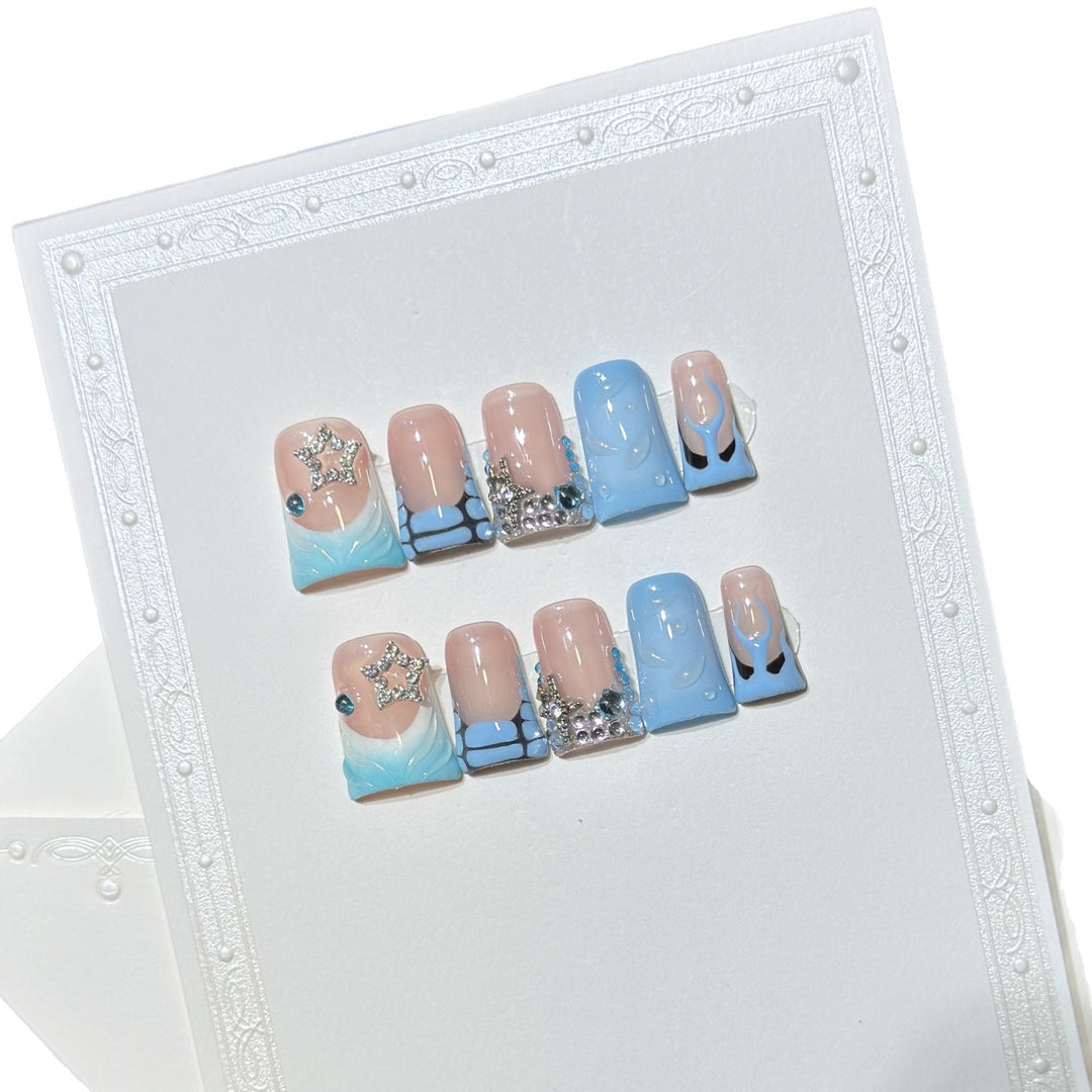 Decorative Press-On Nail Art Set with Ocean-Inspired Design Bowlift