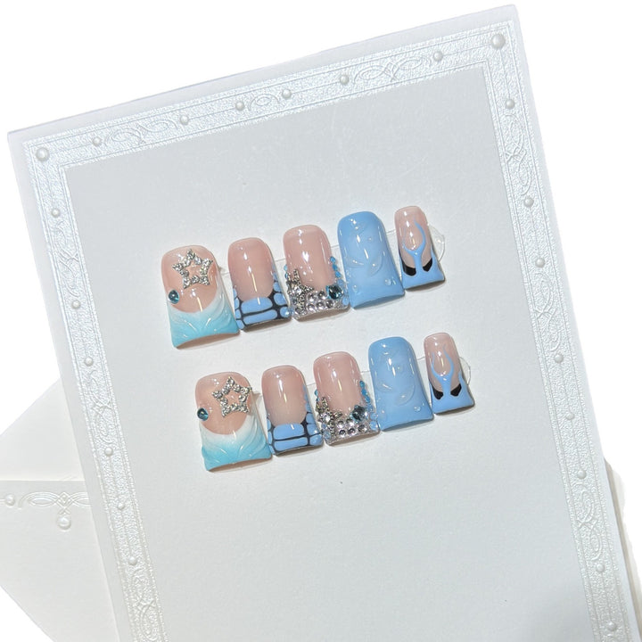 Decorative Press-On Nail Art Set with Ocean-Inspired Design Bowlift