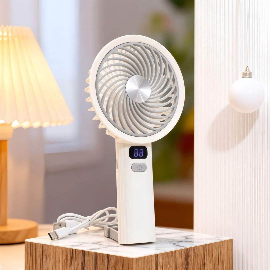 Women's Portable Handheld Fan with Digital Temperature Display and Ergonomic Handle Bowlift