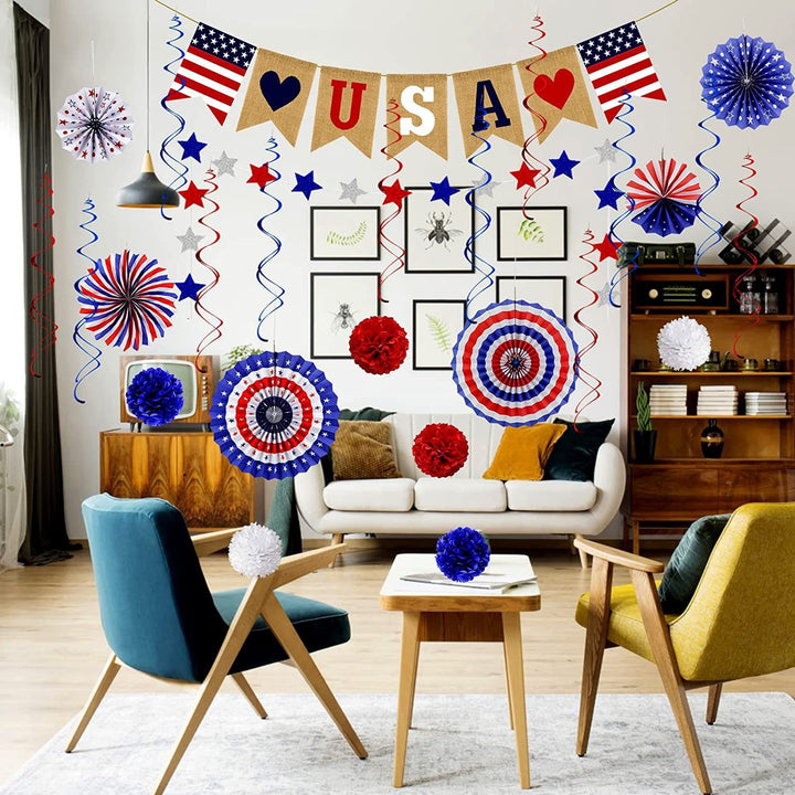 Unisex multi-piece party decoration set with paper fans pom poms bunting garland Bowlift