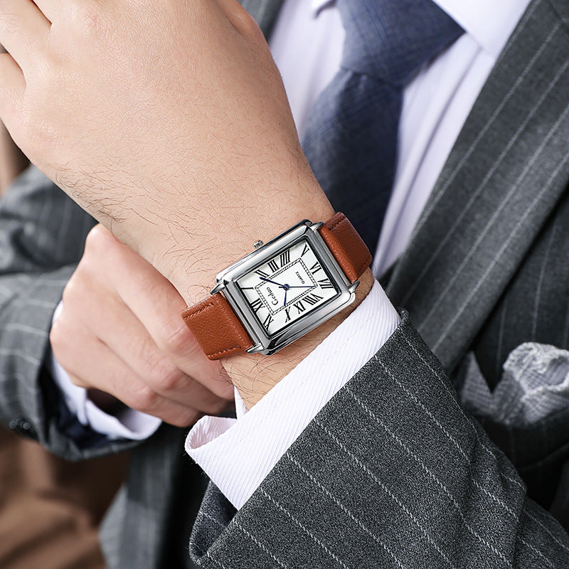 Rectangular Vintage Roman Dial Leather Dress Watch Bowlift