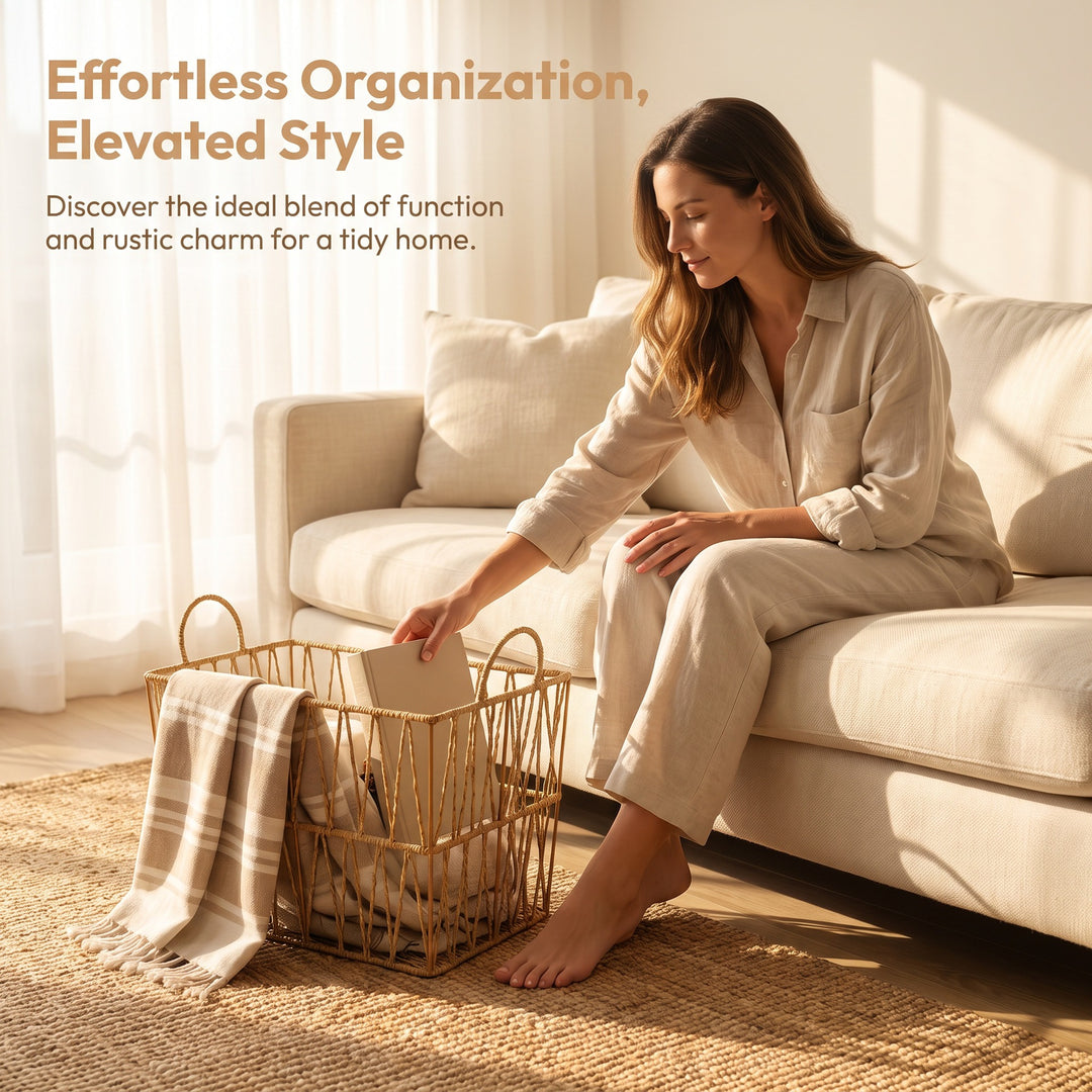 Decorative storage basket made of woven natural material Bowlift