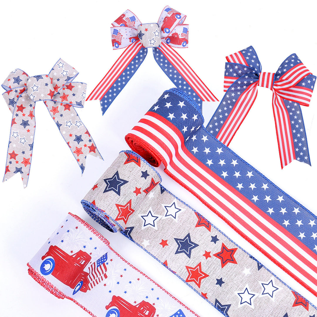 Unisex nan decorative wired Americana craft ribbon set with stars stripes truck and flag print Bowlift