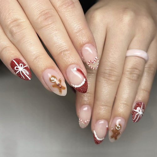 Artificial nail set with festive candy cane and gingerbread pattern Bowlift