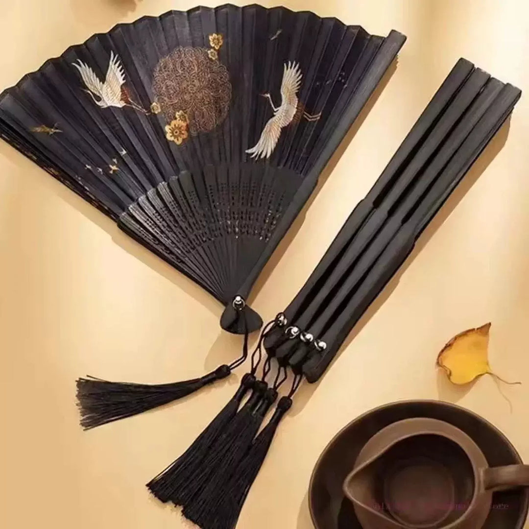 Women One Size hand-painted crane and plum blossom fan with carved wood ribs and silk tassel Bowlift