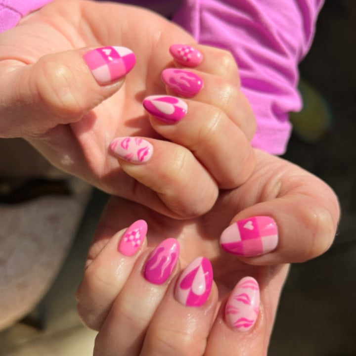 Artistic Press-On Nail Set with Heart and Flame Design Bowlift