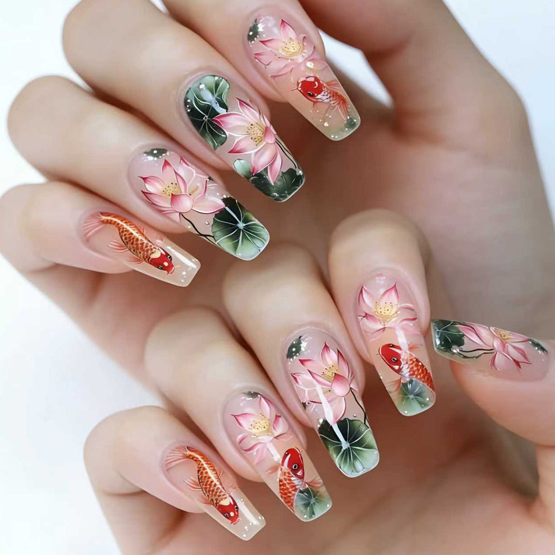 Artistic Water Lily and Koi Fish Nail Art Bowlift