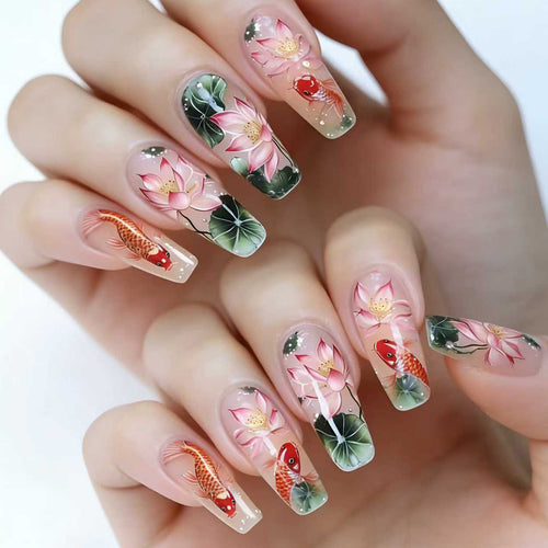 Artistic Water Lily and Koi Fish Nail Art Bowlift