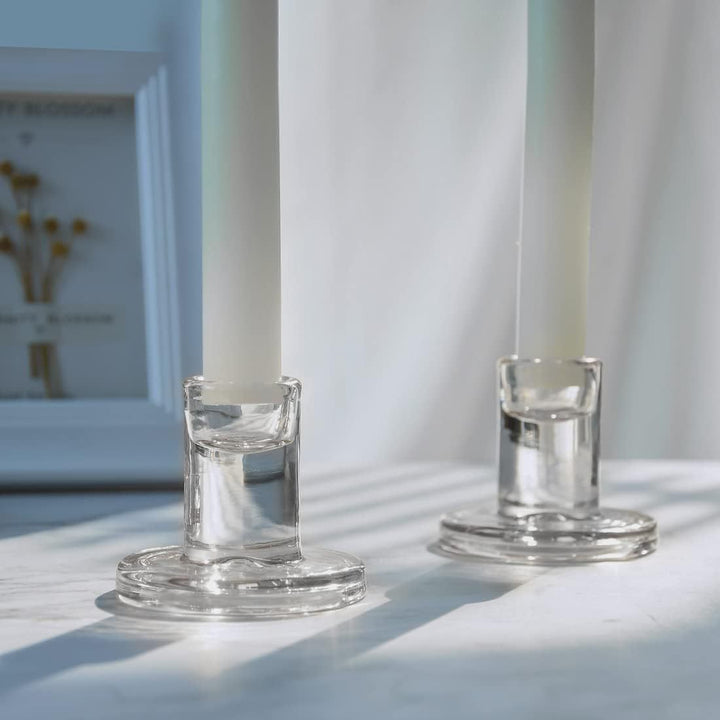 Clear Thick Glass Taper Candle Holders Set Minimalist Cylinder Base Bowlift