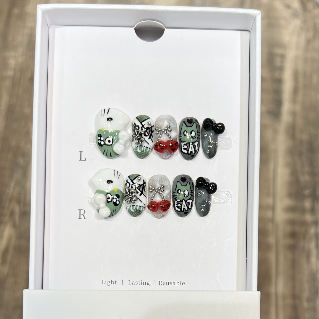 Playful Character Design Press-On Nail Art Set Bowlift