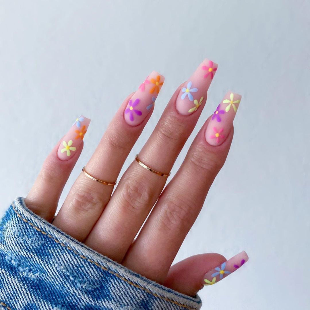 Artificial nail extensions with colorful floral pattern Bowlift