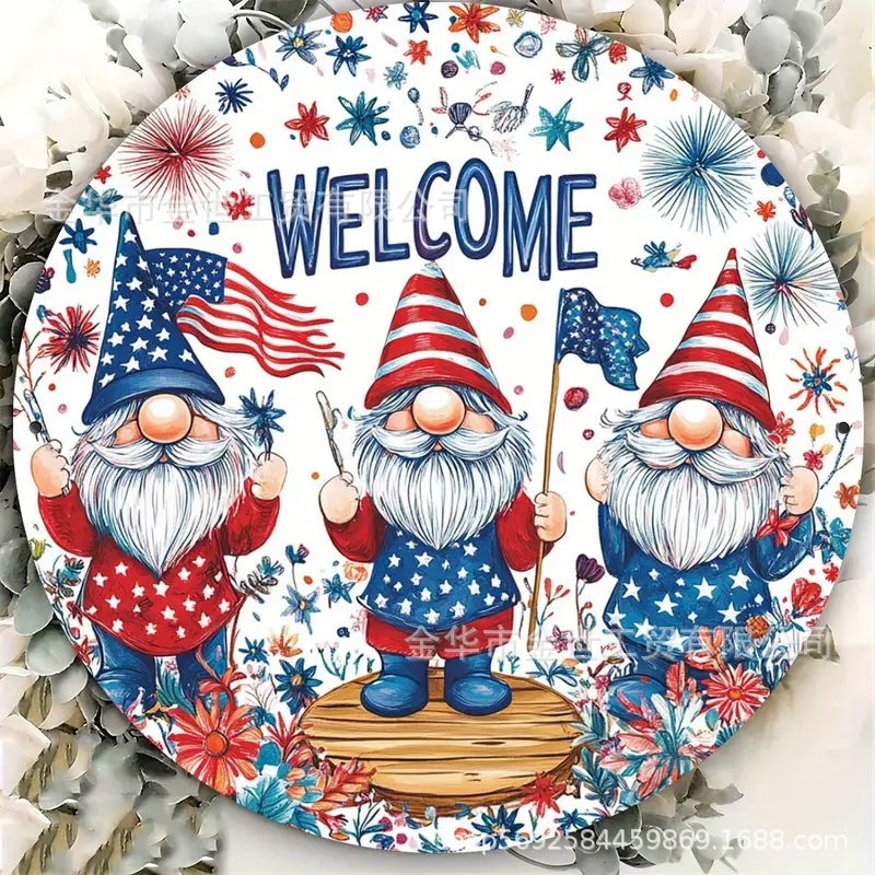 Independence Day rustic round wooden patriotic cross wall plaque with floral accents and God Bless America banner Bowlift