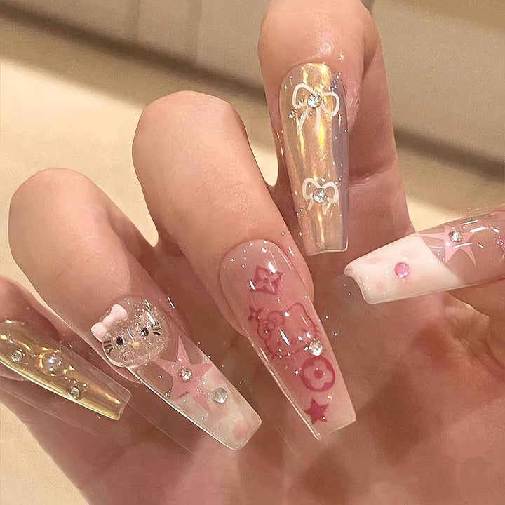 Artistic Press-On Nail Set with Bow and Gemstone Detail Bowlift