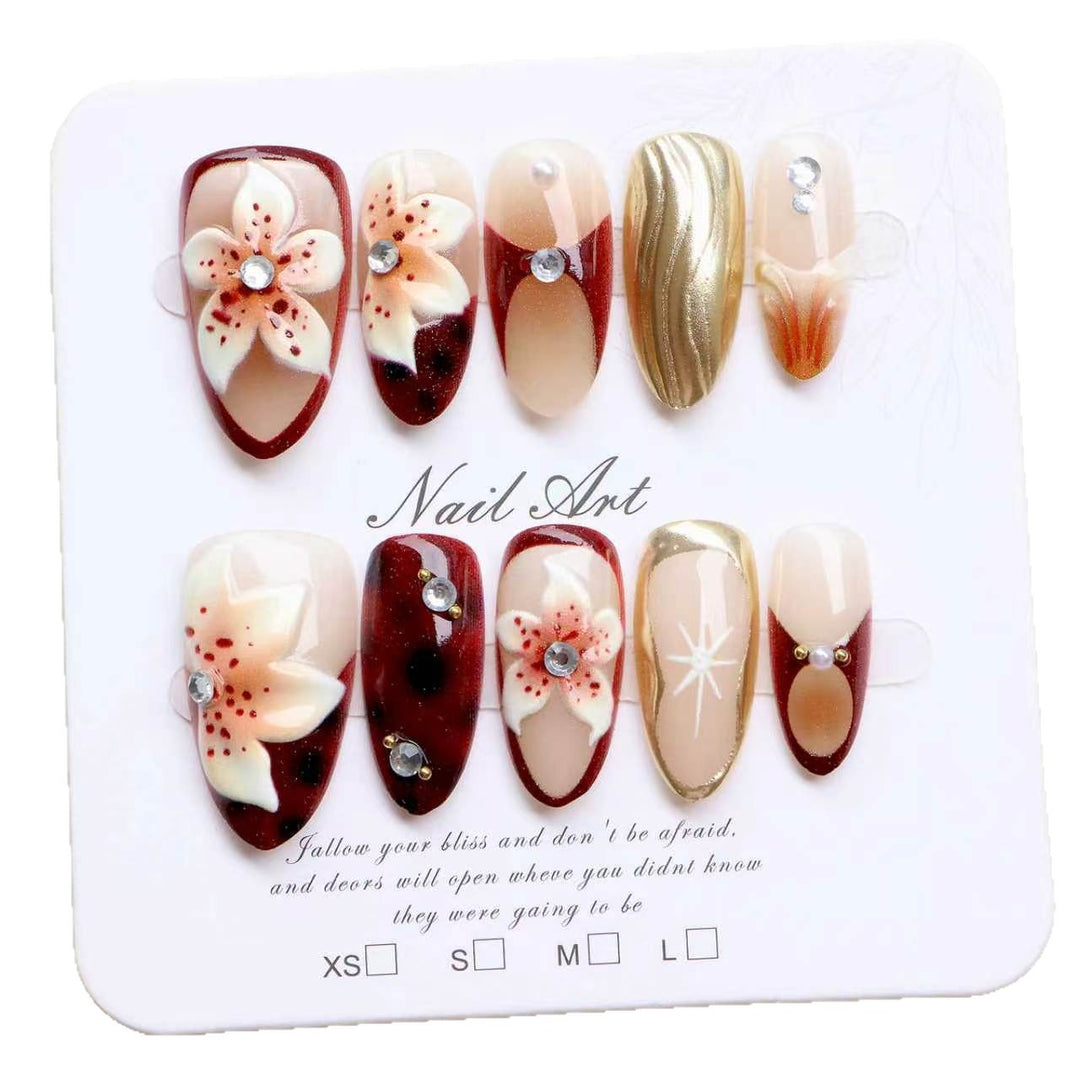 Artistic Press-On Nail Set with Floral Accents Bowlift