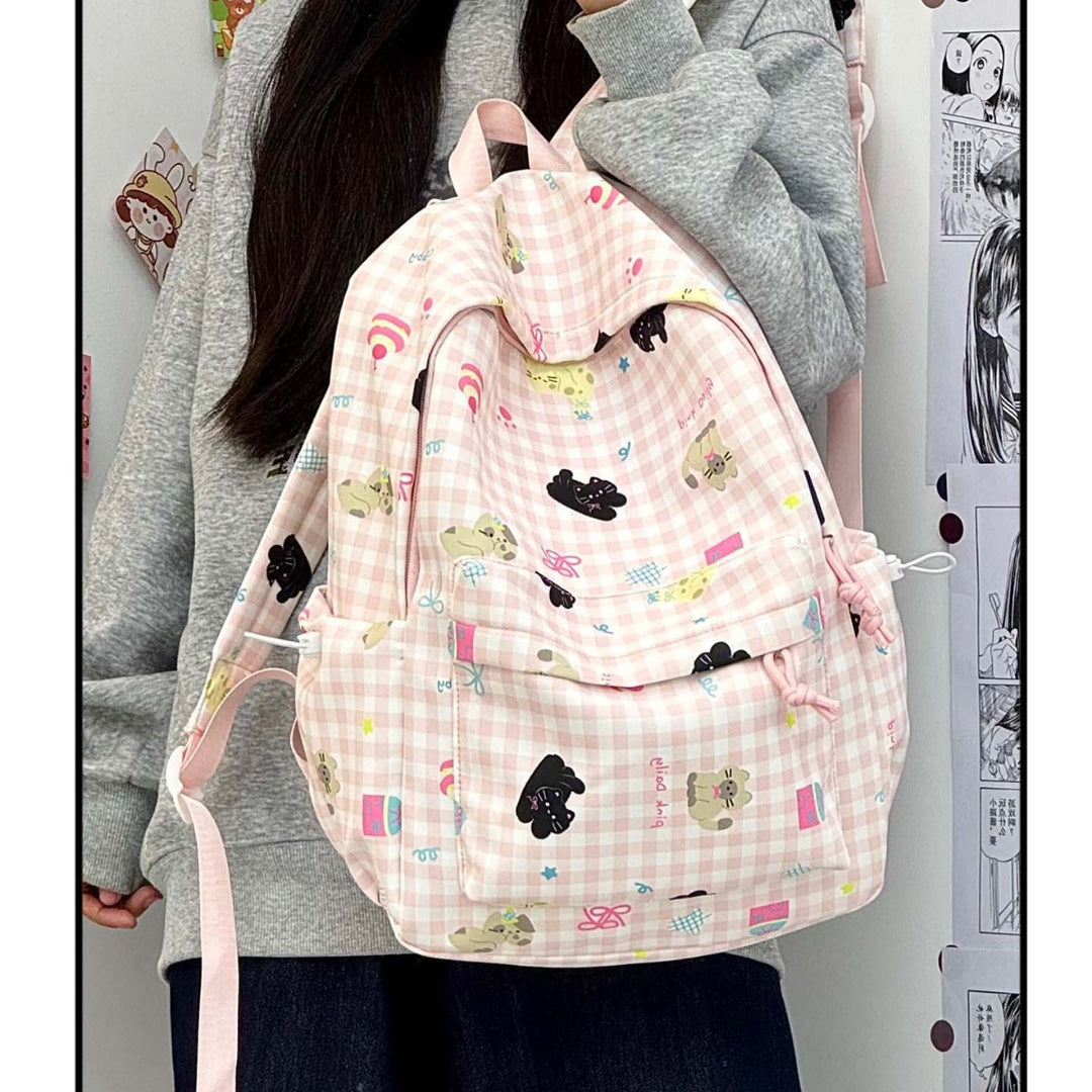 Backpack with Creative Checkered Pattern and Playful Appliqués Bowlift